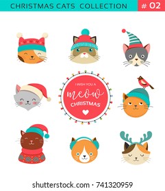 Collection of Christmas cats, Merry Christmas illustrations of cute cats with accessories like a knited hats, sweaters, scarfs 