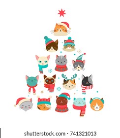 Collection of Christmas cats, Merry Christmas illustrations of cute cats with accessories like a knited hats, sweaters, scarfs 