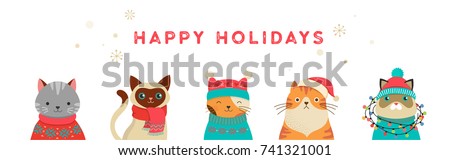 Collection of Christmas cats, Merry Christmas illustrations of cute cats with accessories like a knitted hats, sweaters, scarfs  ストックフォト © 