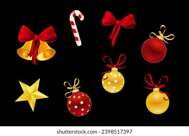 Colección de elementos de celebración navideña para el diseño. Decoración de vacaciones con estrellas de oro,caramelos de Navidad, cinta.Ilustración vectorial de la luz navideña sobre fondo negro