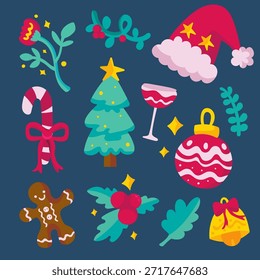 A collection of Christmas celebration graphic elements that include various iconic icons. This illustration uses a traditional color palette (red, green, yellow) with a contrasting dark blue background. The elements have soft and organic lines, giving a warm and friendly impression.
