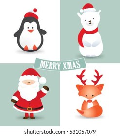 Collection of Christmas characters with cute cartoon icons like penguin, polar bear, Santa Claus, fox with reindeer antler