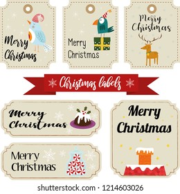 Collection of Christmas characters and decorative elements, vintage frames, labels, stickers. New years set vectorial illustration of christmas labels and tags