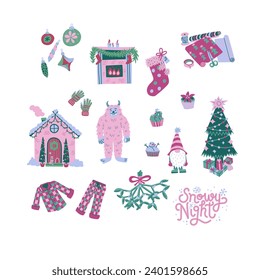 Una colección de clipart navideña. Paleta de colores fresca. Ornamentos, chimenea, caldo, envoltura de regalo, casa, guantes, árbol decorado, pijamas, mistletoe, leches de la noche de las nieve. Aislado sobre un blanco