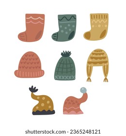 Collection of Christmas cloth icons. Colored Christmas cloth including hats and socks. Vector icons.