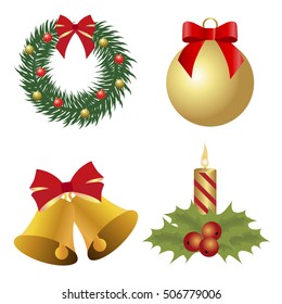 collection of Christmas colored icons. Set of beautiful items for the new year.template for decoration or design. Vector illustration. wreath, ball, two bells and a candle  on white background