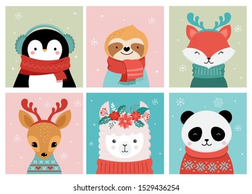 Collection of Christmas cute animals, Merry Christmas illustrations of panda, fox, llama, sloth, cat and dog with winter accessories