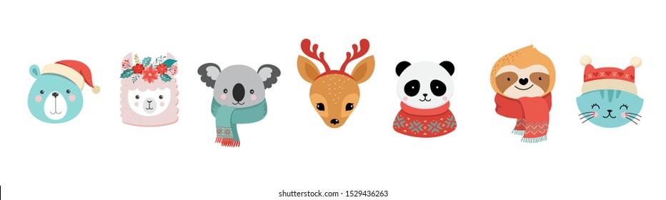 Collection of Christmas cute animals, Merry Christmas illustrations of panda, fox, llama, sloth, cat and dog with winter accessories