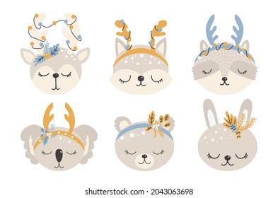 Collection of Christmas cute animals, merry Christmas illustrations of deer, fox, raccoon, hare, cat and koala with winter accessories. Scandinavian style on a white background.