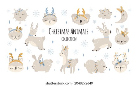 Collection of Christmas cute animals, merry Christmas illustrations of bear, bunny with winter accessories. Scandinavian style on a white background.