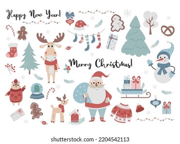 Collection Christmas, cute cartoon characters Santa Claus, snowman and funny animals deer and chipmunk, tree, socks, sleigh with gifts and Christmas sweater with gingerbread. Vector isolated elements