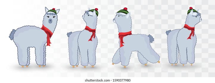 Collection of Christmas cute Lamas isolated on transparent background. Blue Lamas. Little beautiful Lamas. Christmas characters. Icon set. Vector illustration