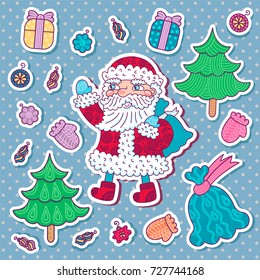 Collection of christmas decor icons: Santa Claus, New Year tree, gifts, Christmas toys, knitted gloves. Vector set is suitable for decorating cards, invitations, textile, wrapping and scrapbook. 