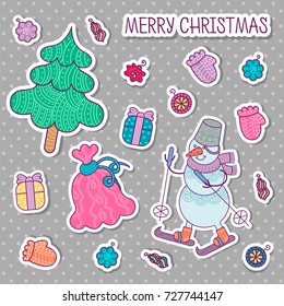 Collection of christmas decor icons: snowman on skis, New Year tree, bag with gifts, gifts, Christmas toys. Vector set is suitable for decorating cards, invitations, textile, wrapping and scrapbook. 