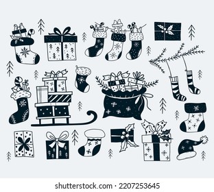 Collection Christmas decor. Christmas sock and gifts with mistletoe, sleigh with boxes and santa hat. Vector illustration in doodle hand drawn style. Isolated elements for new year decor and design