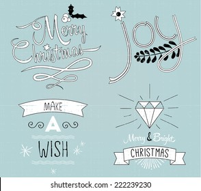 Collection of Christmas decor and typography: Merry Christmas, Joy, Make a wish, Merry and bright Christmas.