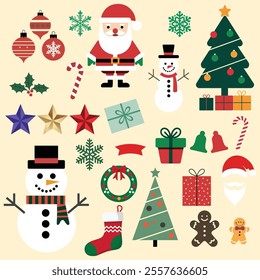 Collection of Christmas decoration elements flat vector icons