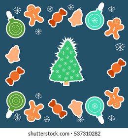 collection of christmas decorations around christmas tree on dark background