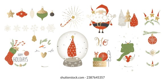 Collection of Christmas decorations. Cartoon Christmas trees, snowmen, Santa Claus, snowflakes, balls, sock.