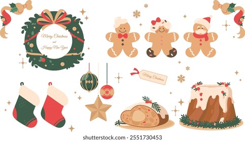 Collection of Christmas decorations and Christmas desserts.