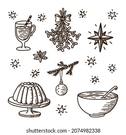 Collection of  Christmas Decorations. Doodle Style. Mistletoe, mulled wine, punch bowl and jelly. Traditional elements for for greeting and invitation card design and decoration