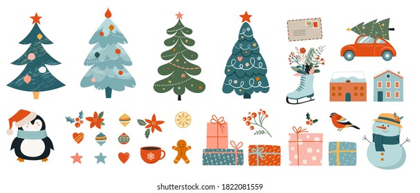 Colección de decoraciones navideñas, regalos de vacaciones, ropas de madera de punto de invierno, pan de jengibre, árboles, regalos y pingüino. Ilustración vectorial colorida en estilo de dibujos animados planos