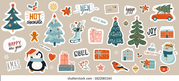 Collection of Christmas decorations, holiday gifts, winter knitted woolen clothes, ginger bread, trees, gifts and penguin. Colorful vector illustration in flat cartoon style