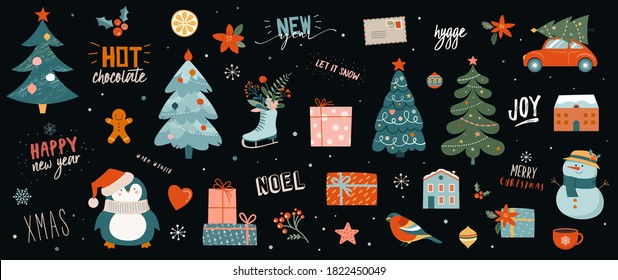 Collection of Christmas decorations, holiday gifts, winter knitted woolen clothes, ginger bread, trees, gifts and penguin. Colorful vector illustration in flat cartoon style