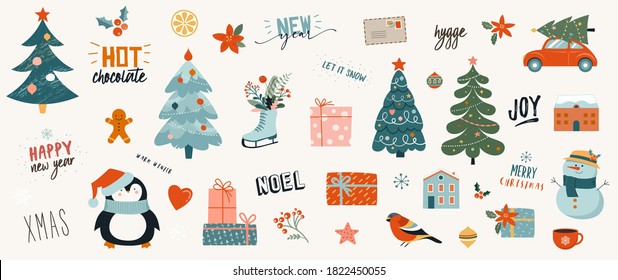 Collection of Christmas decorations, holiday gifts, winter knitted woolen clothes, ginger bread, trees, gifts and penguin. Colorful vector illustration in flat cartoon style