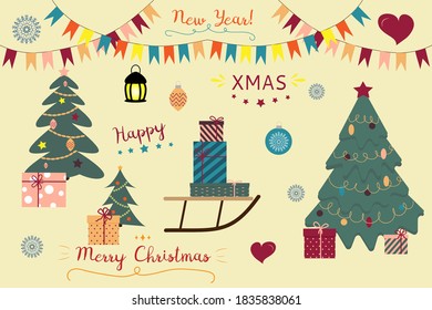 Collection of Christmas decorations, holiday gifts, trees. Colorful vector illustration in flat cartoon style.