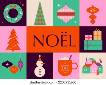 Collection of Christmas decorations, holiday gifts, winter elements, candles, Christmas tree, dove, village and hot chocolate. Colorful vector illustration in flat geometric cartoon style