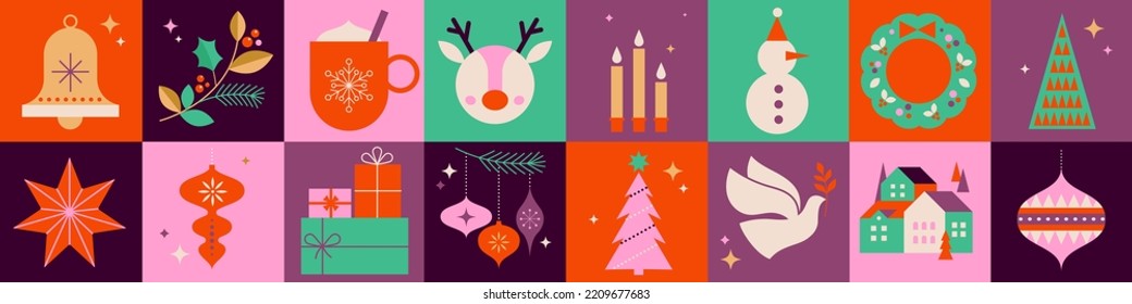 Collection of Christmas decorations, holiday gifts, winter elements, candles, Christmas tree, dove, village and hot chocolate. Colorful vector illustration in flat geometric cartoon style