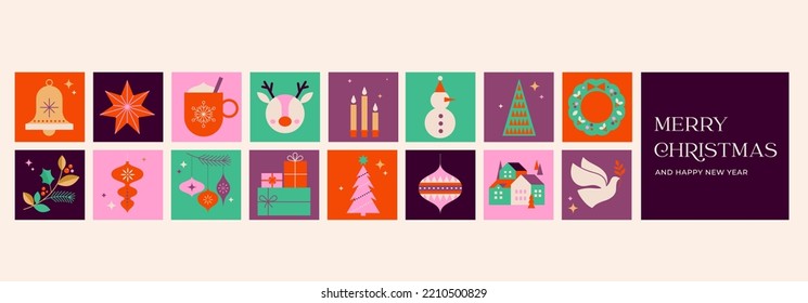 Collection of Christmas decorations, holiday gifts, winter elements, candles, Christmas tree, dove, village and hot chocolate. Colorful vector illustration in flat geometric cartoon style