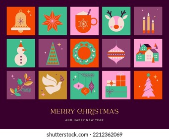 Collection of Christmas decorations, holiday gifts, winter elements, candles, Christmas tree, dove, village and hot chocolate. Colorful vector illustration in flat geometric cartoon style