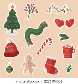 Collection of Christmas decorations, holiday gifts, winter knitted woolen clothes, ginger bread, trees, gifts. Colorful vector illustration in flat cartoon style