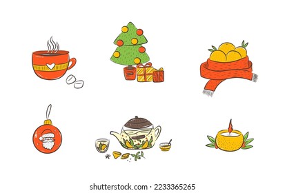 Collection of Christmas decorations, holiday gifts, winter knitted woolen clothes, ginger bread, trees, gifts and penguin.