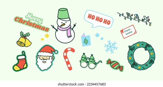 Collection of Christmas decorations, holiday gifts, winter knitted woolen clothes, ginger bread, trees, gifts and penguin. Colorful vector illustration in flat cartoon style