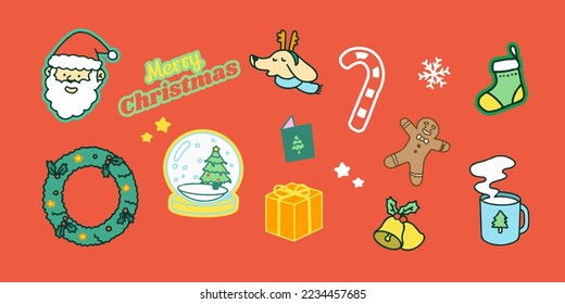 Collection of Christmas decorations, holiday gifts, winter knitted woolen clothes, ginger bread, trees, gifts and penguin. Colorful vector illustration in flat cartoon style