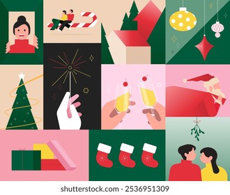 Collection of Christmas decorations, holiday gifts, winter elements, Christmas tree. Colorful vector illustration in cartoon style.