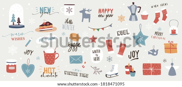 Collection of\
Christmas decorations, holiday gifts, winter knitted woolen\
clothes, ginger bread, trees, gifts and penguin. Colorful vector\
illustration in flat cartoon\
style.