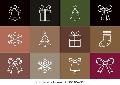 Una colección de decoraciones navideñas que incluyen árboles de Navidad, regalos, arcos y calcetines decorativos