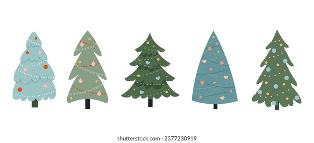 Collection of Christmas decorations isolated, trees with toys and a garland. Colorful vector illustration in a flat cartoon style on a white background, hand drawn.	