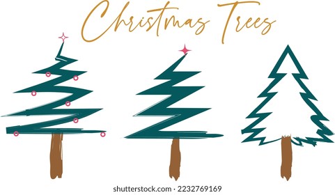 Collection of Christmas decorations, Paintbrush style cute hand-drawn. Christmas forest woodland motif.