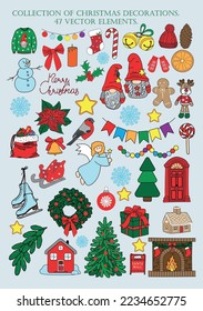 Collection of Christmas decorations, stickers. Colorful vector illustration. 47 elements.