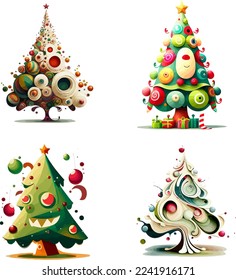 Collection of Christmas decorations, winter trees, gifts. Colorful vector illustration in flat cartoon style in white background