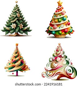 Sammlung von Weihnachtsdekorationen, Winterbäumen, Geschenken. Farbige Vektorgrafik auf floralem Cartoon-Stil auf weißem Hintergrund