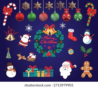 Colección de Navidades Elementos decorativos que incluyen corona de flores, Papá Noel, adornos, muñeco de nieve, regalos, bastón de caramelo, copos de nieve e íconos festivos. Perfecto para diseños de vacaciones y gráficos de temporada.