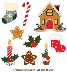 Collection of Christmas decorative elements on white background. Gingerbread house, stocking, holly berry, candle, cupcake, sugar candy and gingerbread cookie.