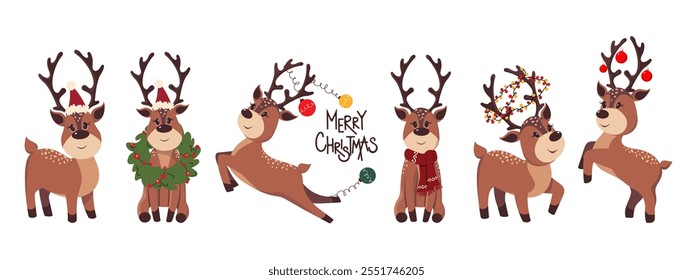 Collection of Christmas deer. Deer with Christmas tree toys, garlands, jumping deer. New Year character. Vector illustration.