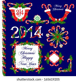 Collection of Christmas design elements isolated on blue background. Vector illustration. 